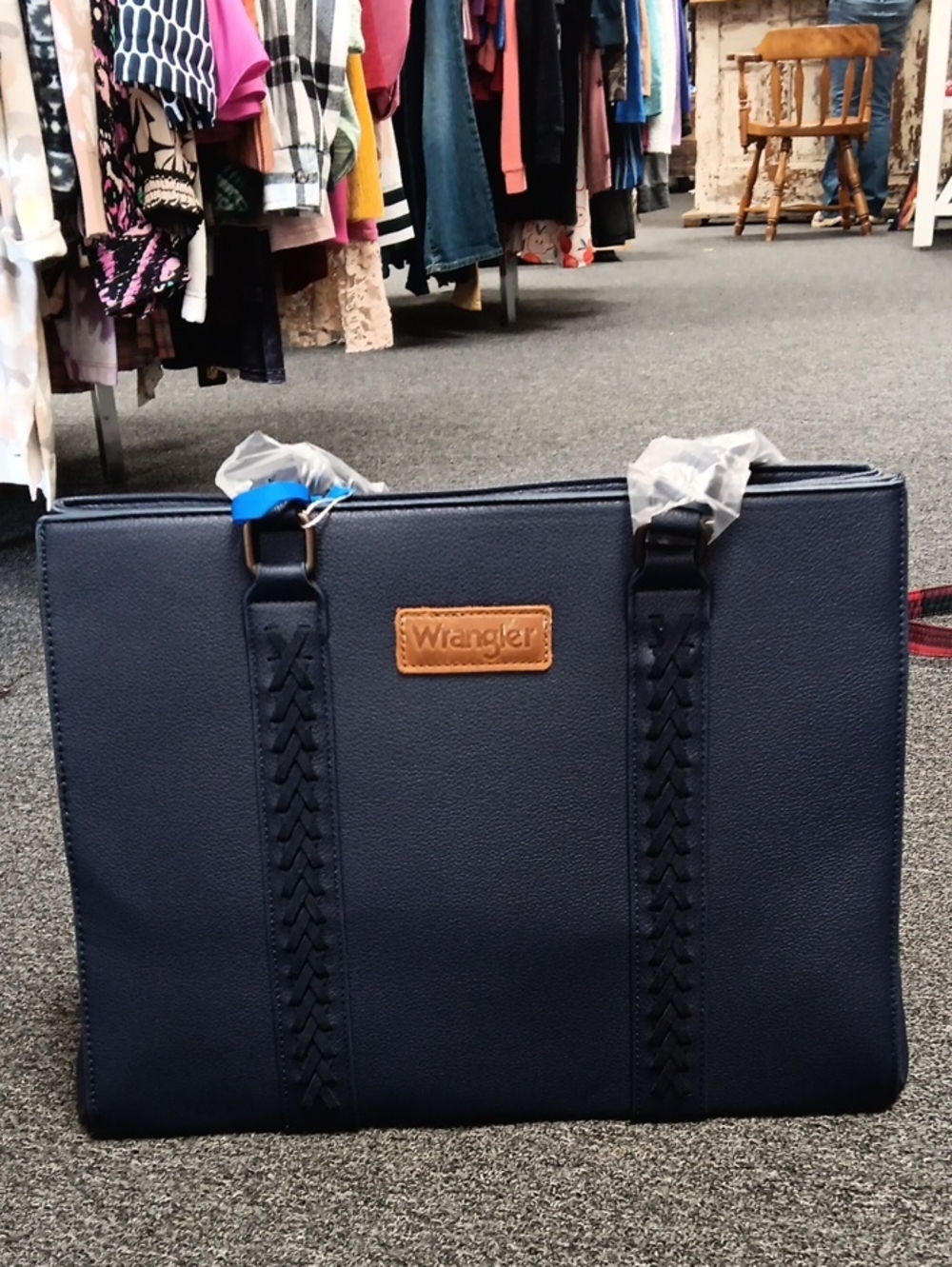 Wrangler Navy Tote with Braided Strap Accents and Tan Logo Patch